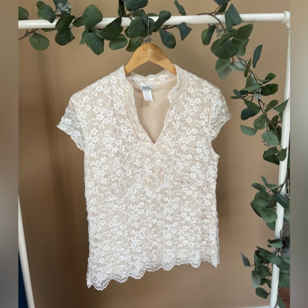 Vintage women’s‎ full lace Blouse cap sleeve XL ivory fairy whimsical mesh